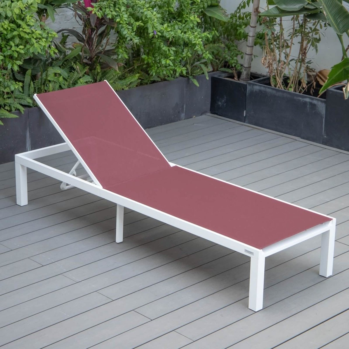 Marlin Modern White Aluminum Outdoor Chaise Lounge Chair With Square Fire Pit Side Table Set of 2 Burgundy Leisuremod