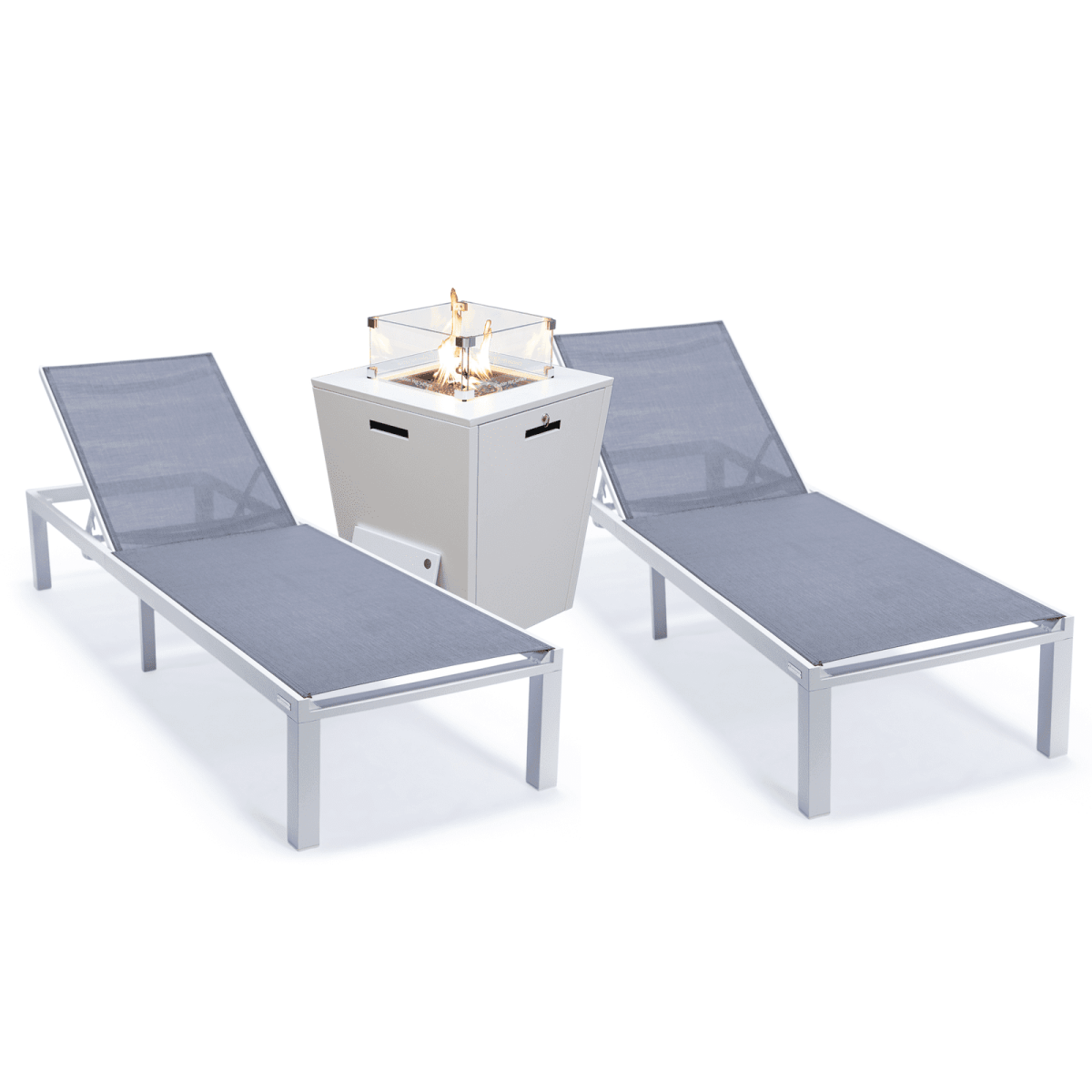 Marlin Modern White Aluminum Outdoor Chaise Lounge Chair With Square Fire Pit Side Table Set of 2 Burgundy Leisuremod