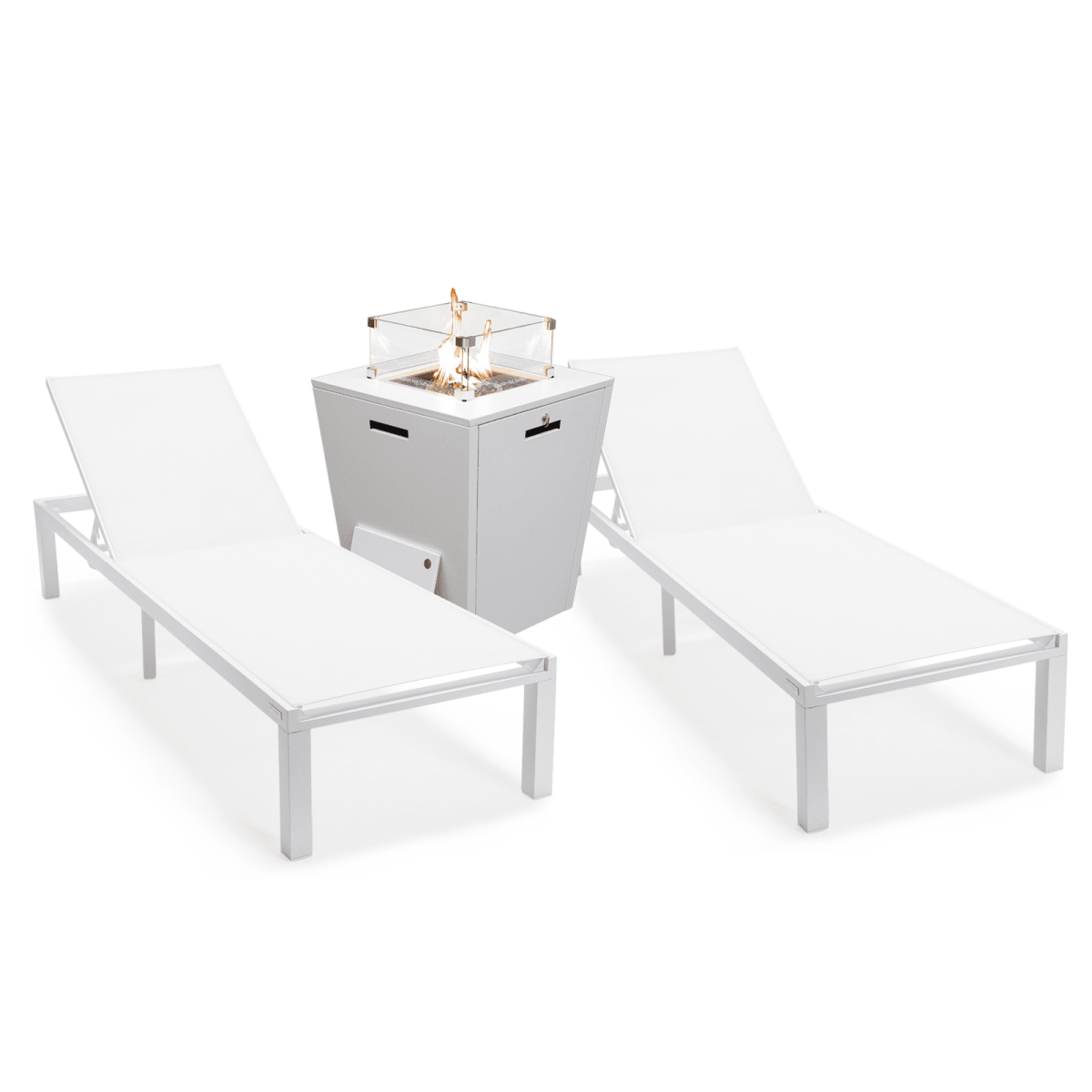 Marlin Modern White Aluminum Outdoor Chaise Lounge Chair With Square Fire Pit Side Table Set of 2 Burgundy Leisuremod