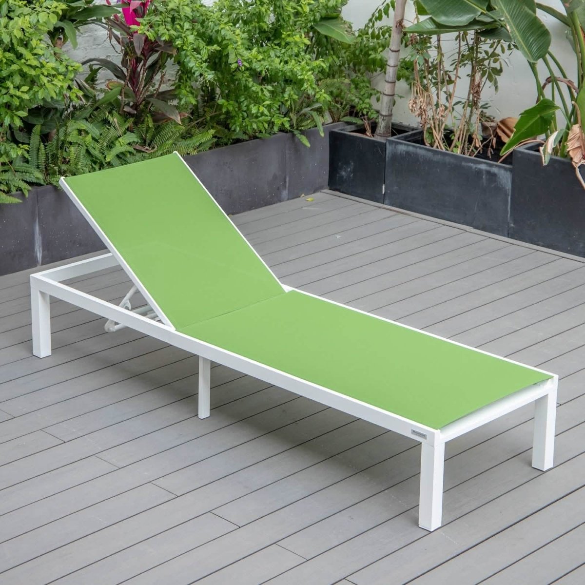 Marlin Modern White Aluminum Outdoor Chaise Lounge Chair With Square Fire Pit Side Table Set of 2 Burgundy Leisuremod