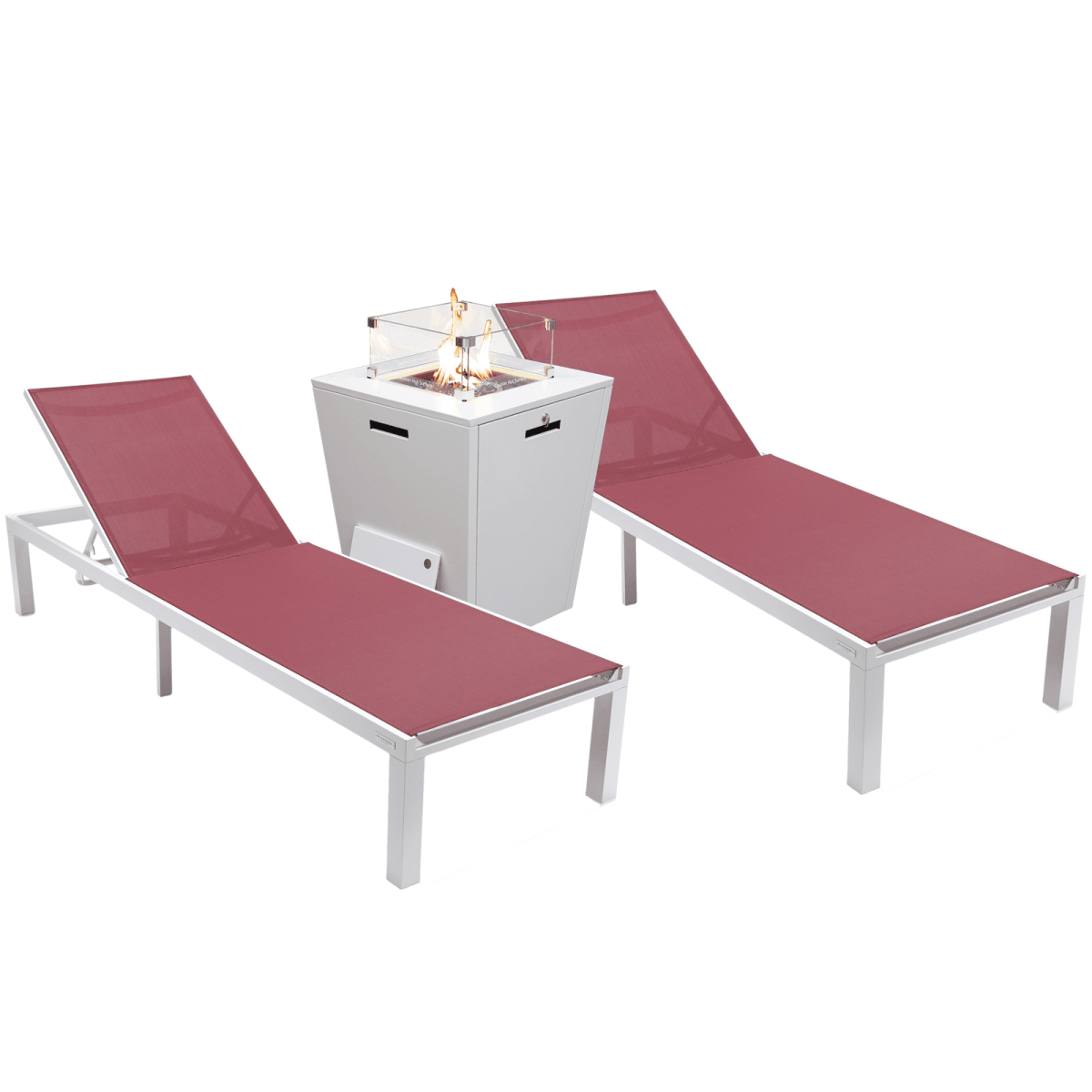 Marlin Modern White Aluminum Outdoor Chaise Lounge Chair With Square Fire Pit Side Table Set of 2 Burgundy Leisuremod