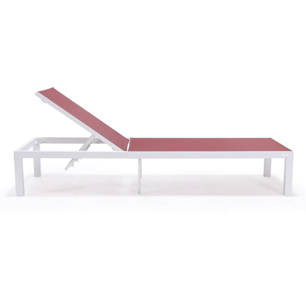 Marlin Modern White Aluminum Outdoor Chaise Lounge Chair With Square Fire Pit Side Table Set of 2 Burgundy Leisuremod