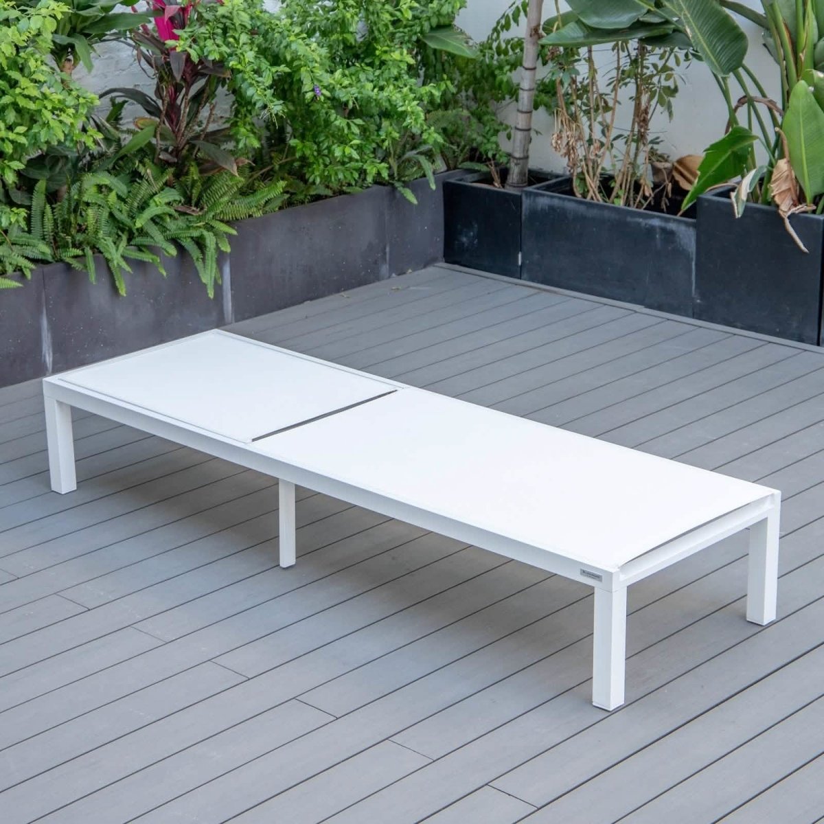 Marlin Modern White Aluminum Outdoor Chaise Lounge Chair With Square Fire Pit Side Table Set of 2 Burgundy Leisuremod