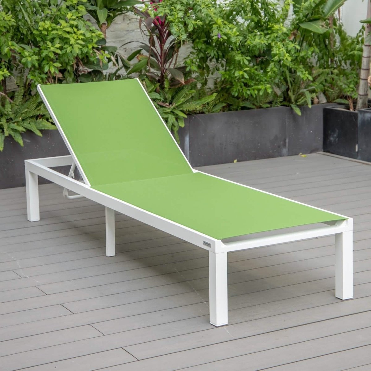 Marlin Modern White Aluminum Outdoor Chaise Lounge Chair With Square Fire Pit Side Table Set of 2 Burgundy Leisuremod