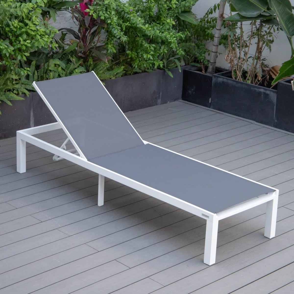 Marlin Modern White Aluminum Outdoor Chaise Lounge Chair With Square Fire Pit Side Table Set of 2 Burgundy Leisuremod