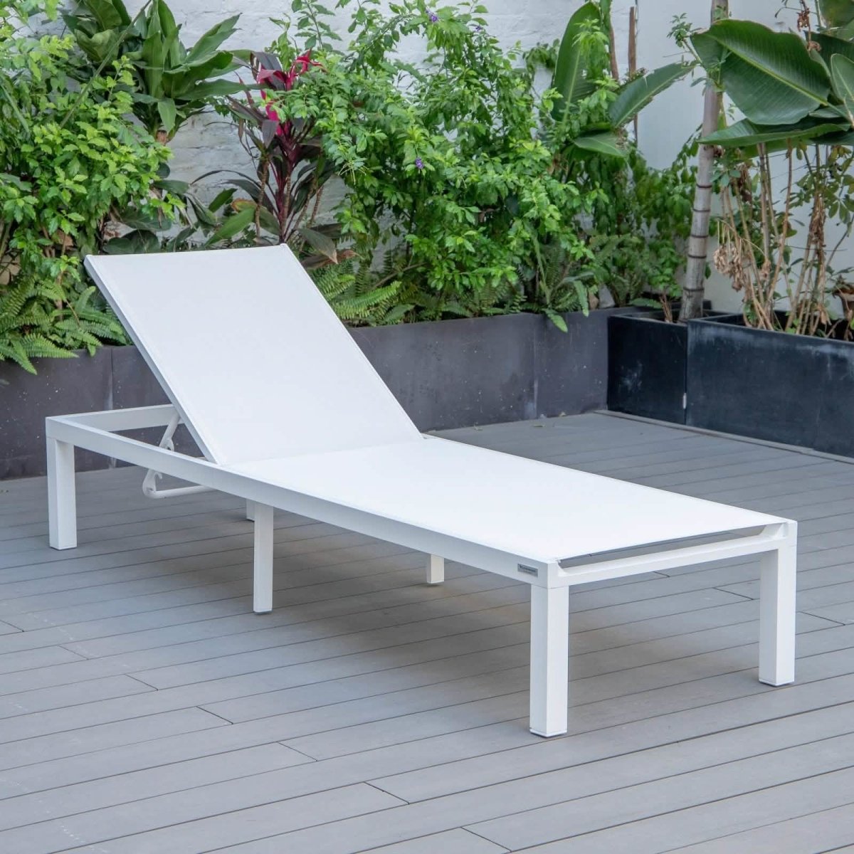Marlin Modern White Aluminum Outdoor Chaise Lounge Chair With Square Fire Pit Side Table Set of 2 Burgundy Leisuremod