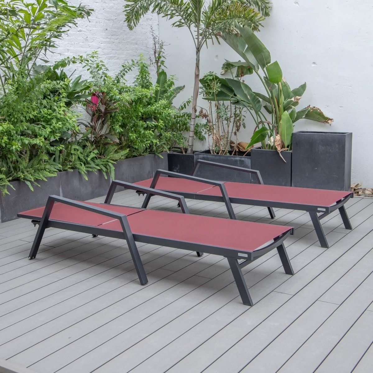 Marlin Patio Chaise Lounge Chair with Armrests in Black Aluminum Frame, Set of 2