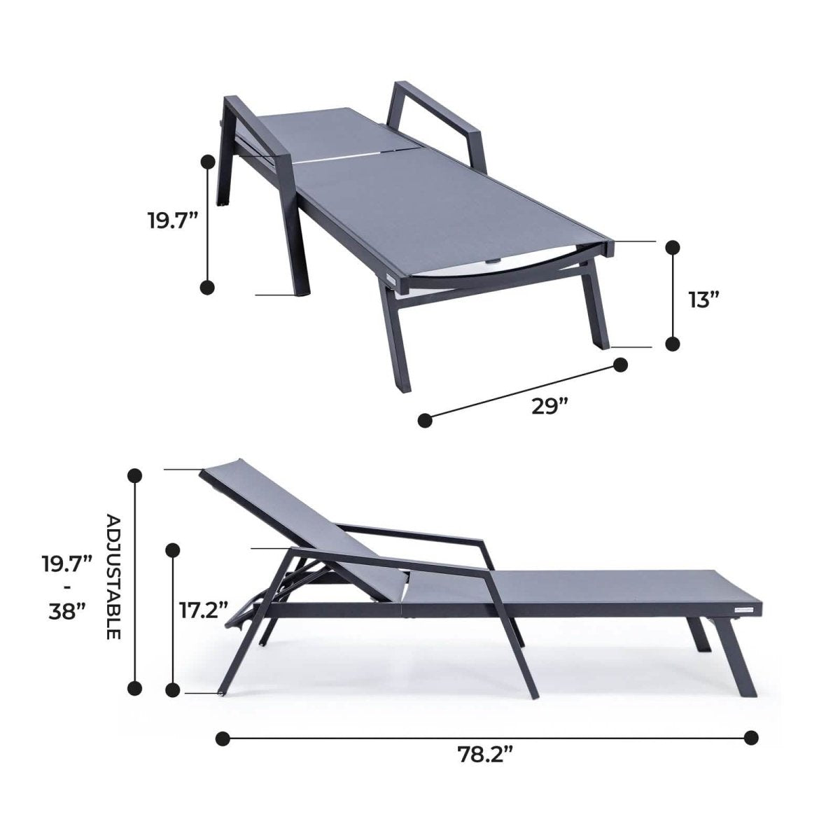 Marlin Patio Chaise Lounge Chair with Armrests in Black Aluminum Frame, Set of 2