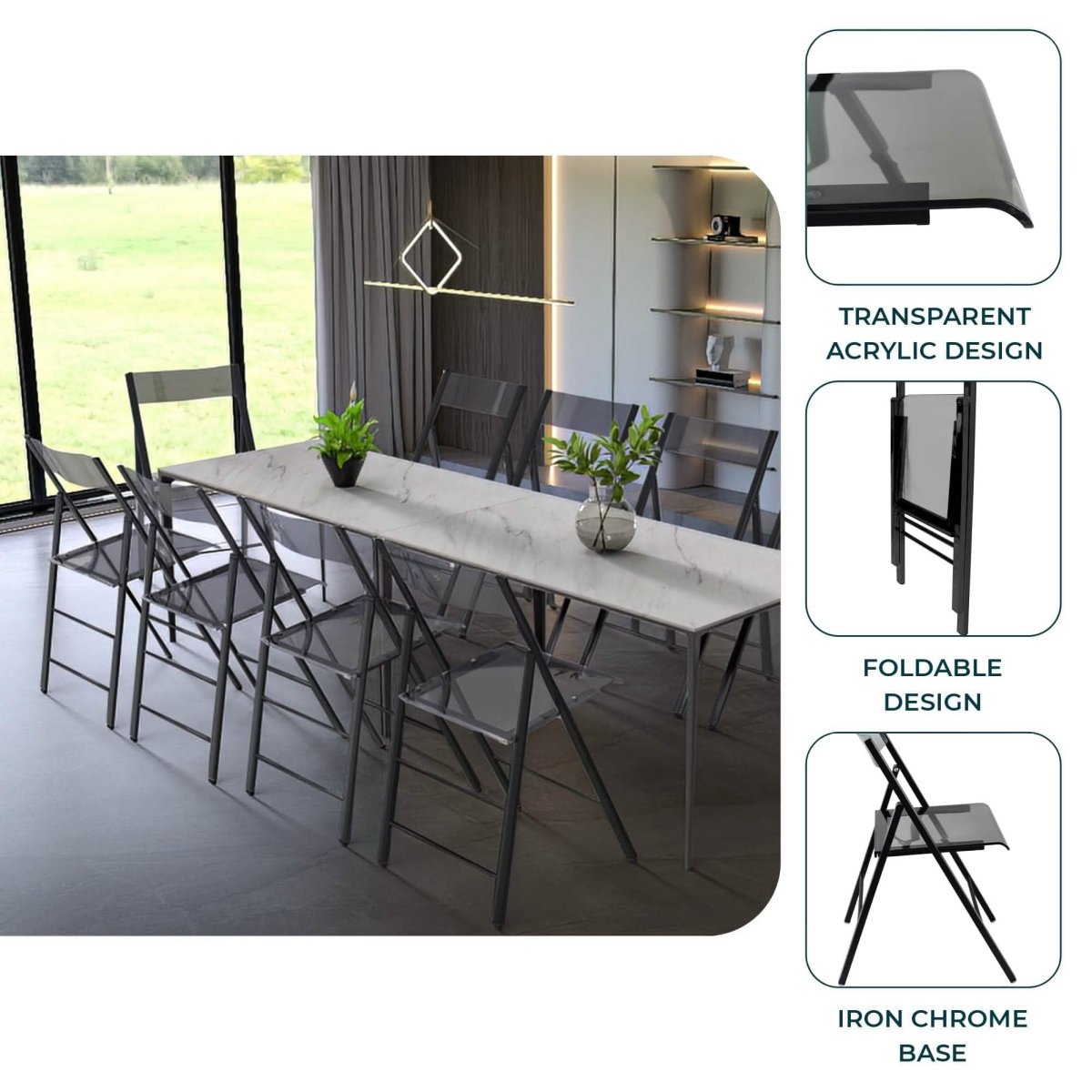 Menno Modern Acrylic Folding Chair with Stainless Steel Frame Set of 4