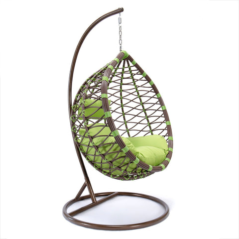 Single-Seater Wicker Hanging Egg Swing Chair with Green Cushion