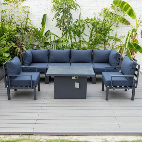 Chelsea 7-Piece Patio Sectional Set in Black Aluminum with Fire Pit Table