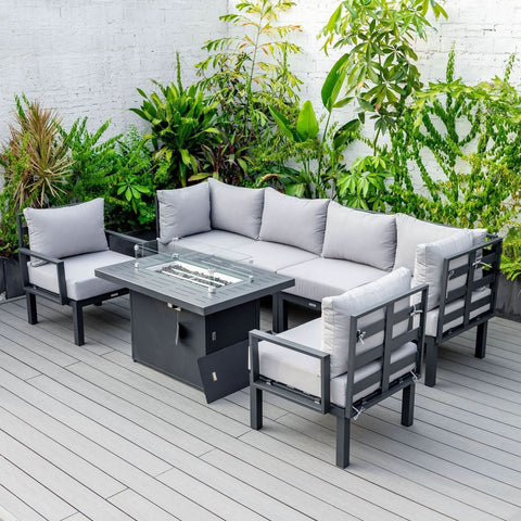 Chelsea 7-Piece Patio Sectional Set in Black Aluminum with Fire Pit Table