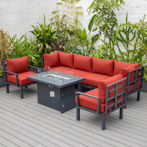 Chelsea 7-Piece Patio Sectional Set in Black Aluminum with Fire Pit Table