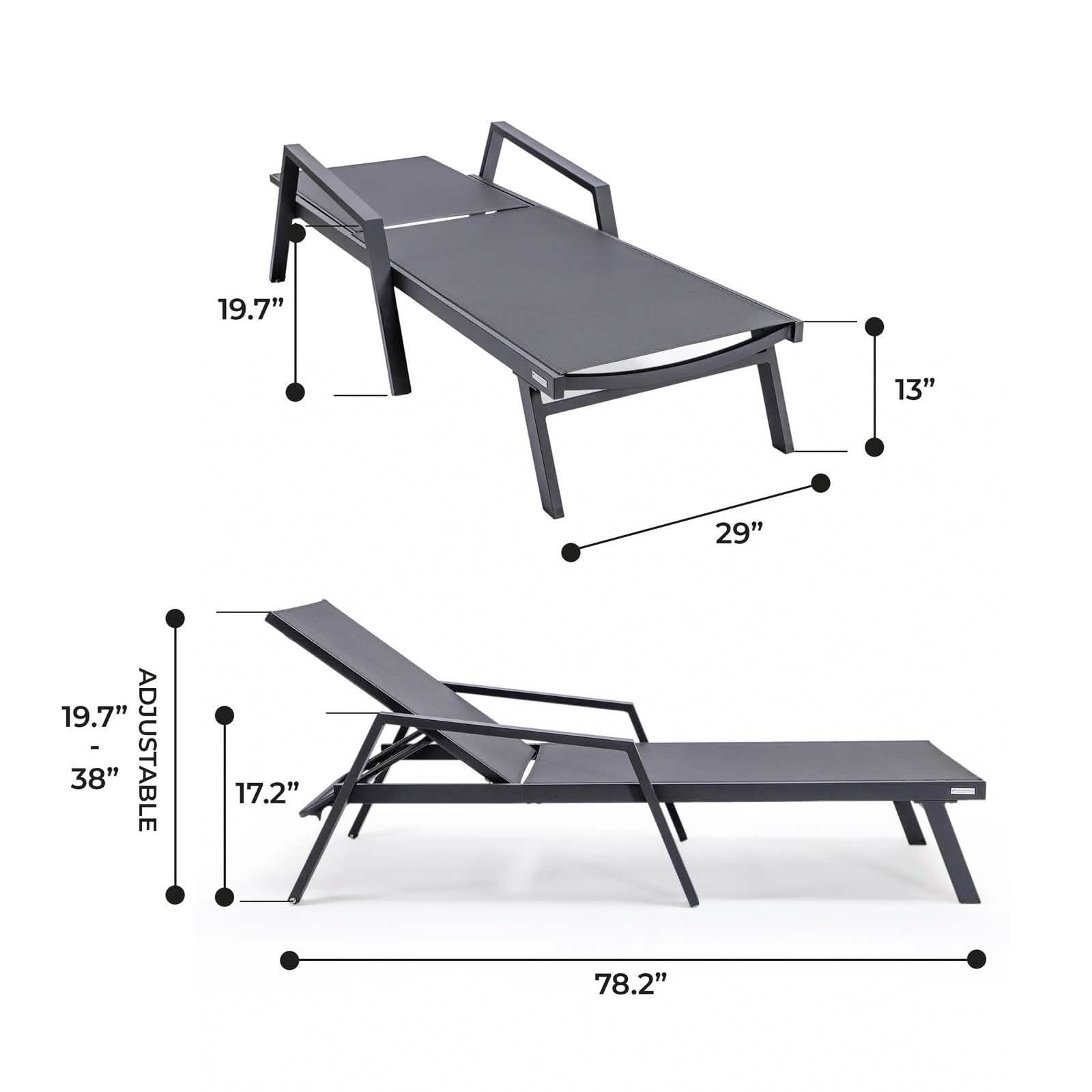 Marlin Patio Chaise Lounge Chair with Armrests in Black Aluminum Frame, Set of 2