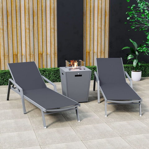 Marlin Modern White Aluminum Outdoor Chaise Lounge Chair Set of 2 With Arms And Square Fire Pit Side Table for Patio