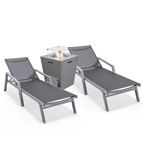 Marlin Modern White Aluminum Outdoor Chaise Lounge Chair Set of 2 With Arms And Square Fire Pit Side Table for Patio