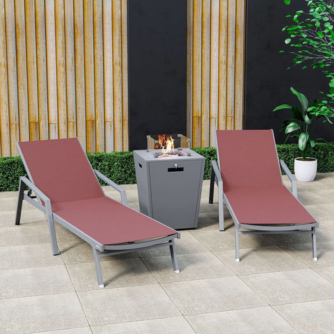 Marlin Modern White Aluminum Outdoor Chaise Lounge Chair Set of 2 With Arms And Square Fire Pit Side Table for Patio