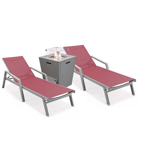 Marlin Modern White Aluminum Outdoor Chaise Lounge Chair Set of 2 With Arms And Square Fire Pit Side Table for Patio