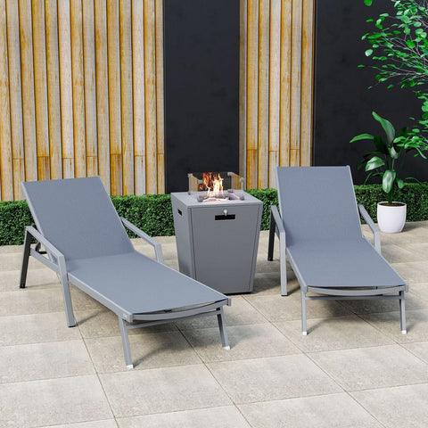 Marlin Modern White Aluminum Outdoor Chaise Lounge Chair Set of 2 With Arms And Square Fire Pit Side Table for Patio