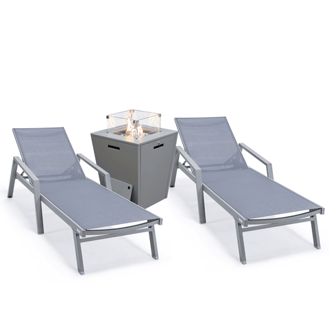 Marlin Modern White Aluminum Outdoor Chaise Lounge Chair Set of 2 With Arms And Square Fire Pit Side Table for Patio