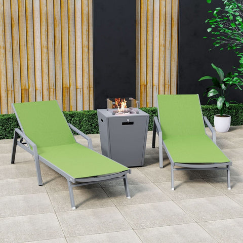 Marlin Modern White Aluminum Outdoor Chaise Lounge Chair Set of 2 With Arms And Square Fire Pit Side Table for Patio