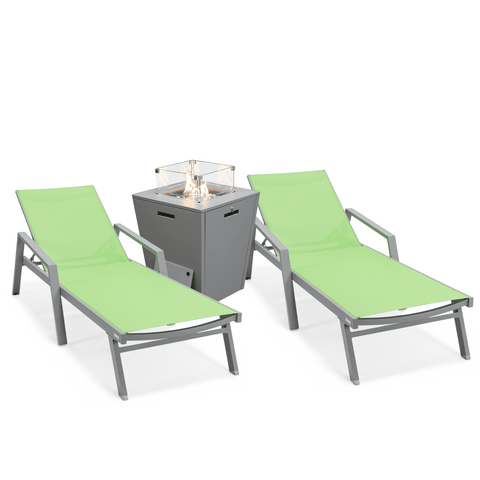 Marlin Modern White Aluminum Outdoor Chaise Lounge Chair Set of 2 With Arms And Square Fire Pit Side Table for Patio