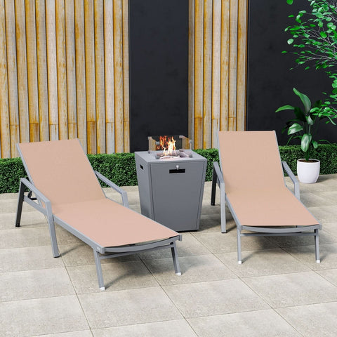 Marlin Modern White Aluminum Outdoor Chaise Lounge Chair Set of 2 With Arms And Square Fire Pit Side Table for Patio