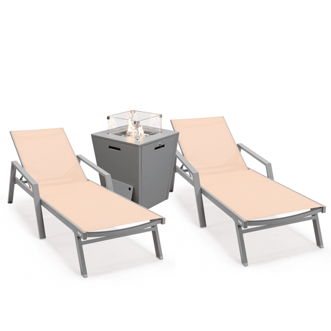 Marlin Modern White Aluminum Outdoor Chaise Lounge Chair Set of 2 With Arms And Square Fire Pit Side Table for Patio
