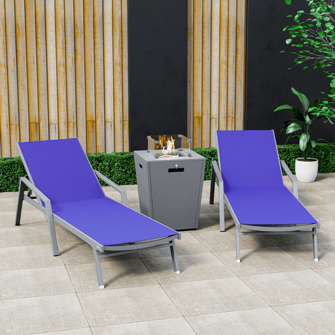 Marlin Modern White Aluminum Outdoor Chaise Lounge Chair Set of 2 With Arms And Square Fire Pit Side Table for Patio