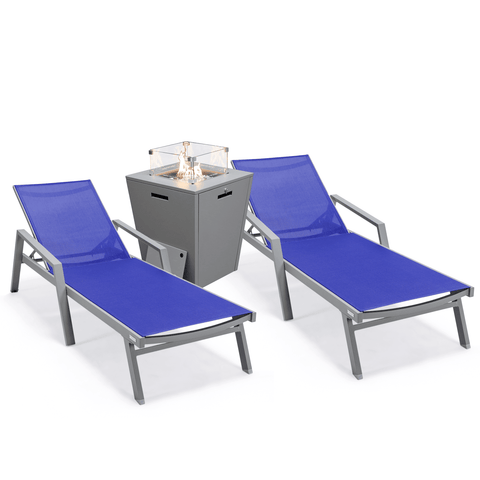 Marlin Modern White Aluminum Outdoor Chaise Lounge Chair Set of 2 With Arms And Square Fire Pit Side Table for Patio