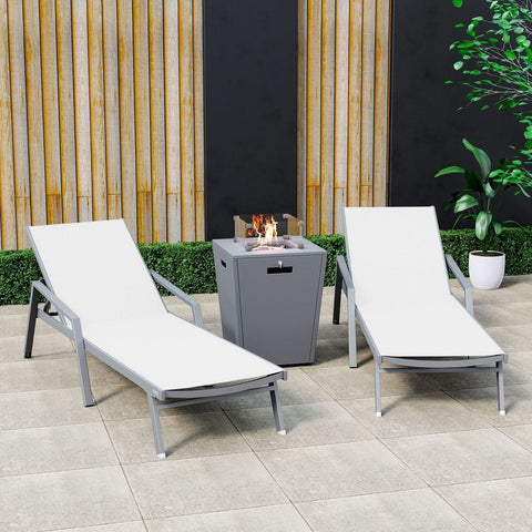 Marlin Modern White Aluminum Outdoor Chaise Lounge Chair Set of 2 With Arms And Square Fire Pit Side Table for Patio