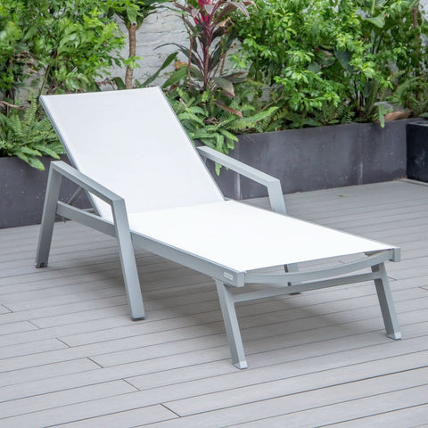 Marlin Modern White Aluminum Outdoor Chaise Lounge Chair Set of 2 With Arms And Square Fire Pit Side Table for Patio