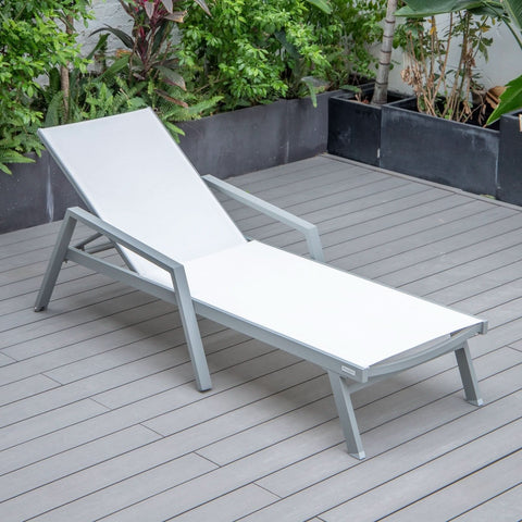 Marlin Modern White Aluminum Outdoor Chaise Lounge Chair Set of 2 With Arms And Square Fire Pit Side Table for Patio