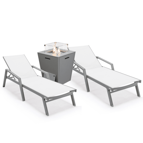 Marlin Modern White Aluminum Outdoor Chaise Lounge Chair Set of 2 With Arms And Square Fire Pit Side Table for Patio