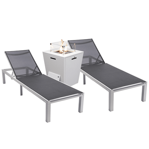Marlin Modern White Aluminum Outdoor Chaise Lounge Chair With Square Fire Pit Side Table Set of 2