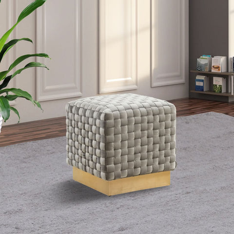 Myrtle 19" Square Weave Design Velvet Ottoman With Gold Base