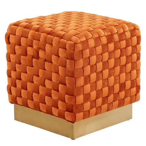 Myrtle 19" Square Weave Design Velvet Ottoman With Gold Base