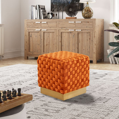 Myrtle 19" Square Weave Design Velvet Ottoman With Gold Base