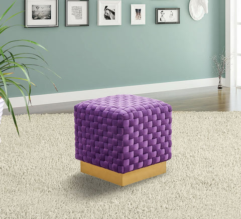 Myrtle 19" Square Weave Design Velvet Ottoman With Gold Base