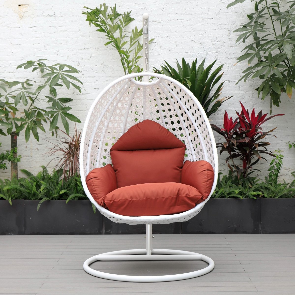 Modern Wicker Hanging Single Seating Egg Swing Chair in Beige/Charcoal/White Frame With Cushions