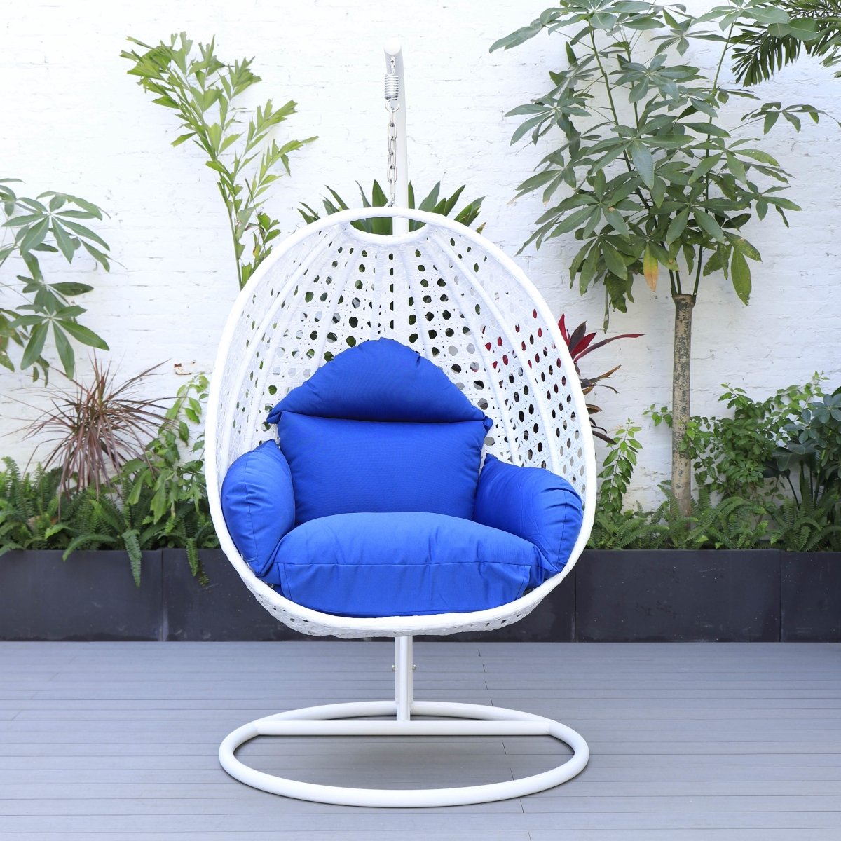 Modern Wicker Hanging Single Seating Egg Swing Chair in Beige/Charcoal/White Frame With Cushions