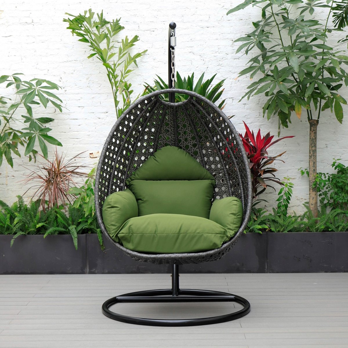 Modern Wicker Hanging Single Seating Egg Swing Chair in Beige/Charcoal/White Frame With Cushions