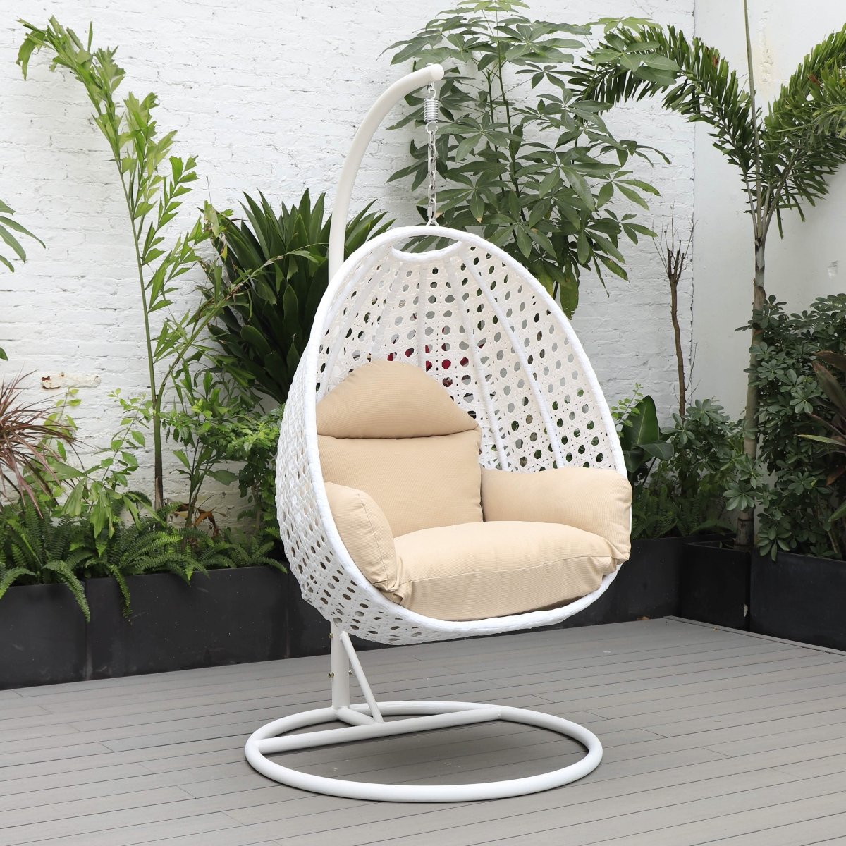 Modern Wicker Hanging Single Seating Egg Swing Chair in Beige/Charcoal/White Frame With Cushions