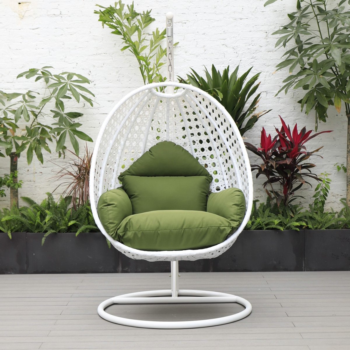 Modern Wicker Hanging Single Seating Egg Swing Chair in Beige/Charcoal/White Frame With Cushions