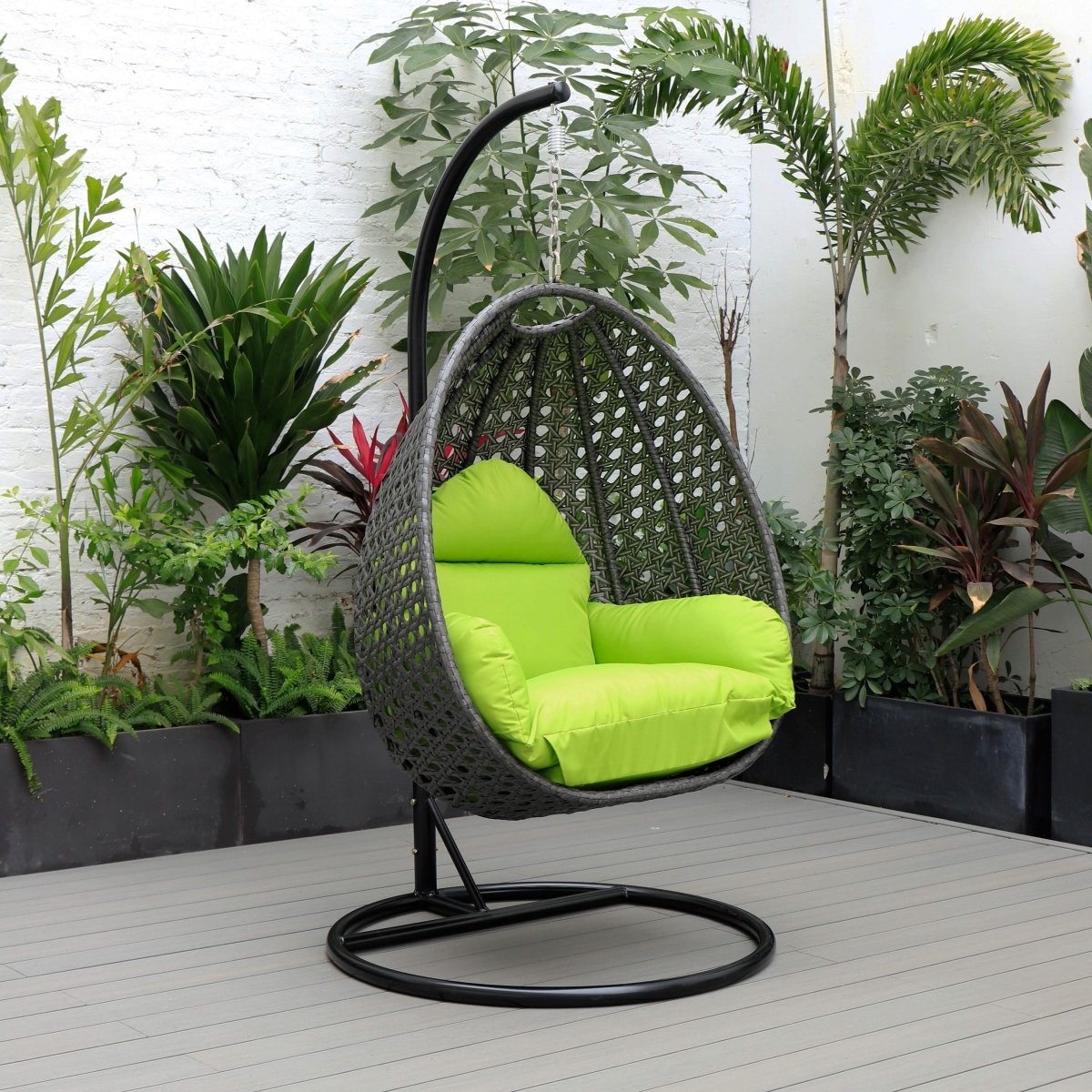 Modern Wicker Hanging Single Seating Egg Swing Chair in Beige/Charcoal/White Frame With Cushions