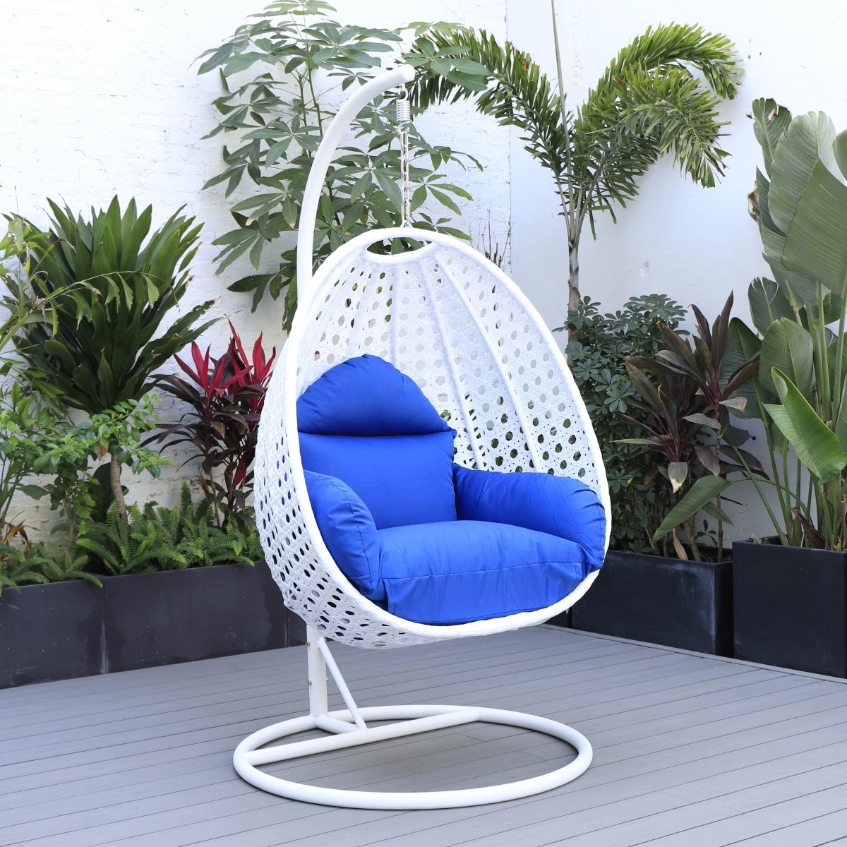Modern Wicker Hanging Single Seating Egg Swing Chair in Beige/Charcoal/White Frame With Cushions