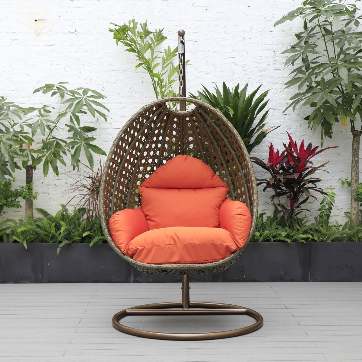 Modern Wicker Hanging Single Seating Egg Swing Chair in Beige/Charcoal/White Frame With Cushions