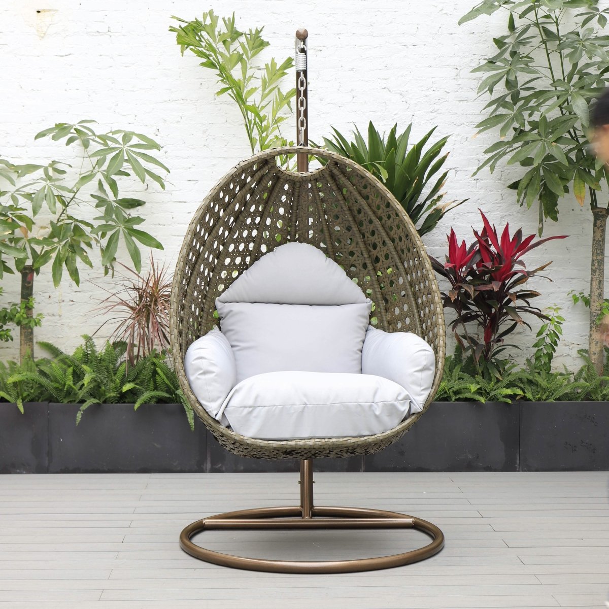 Modern Wicker Hanging Single Seating Egg Swing Chair in Beige/Charcoal/White Frame With Cushions