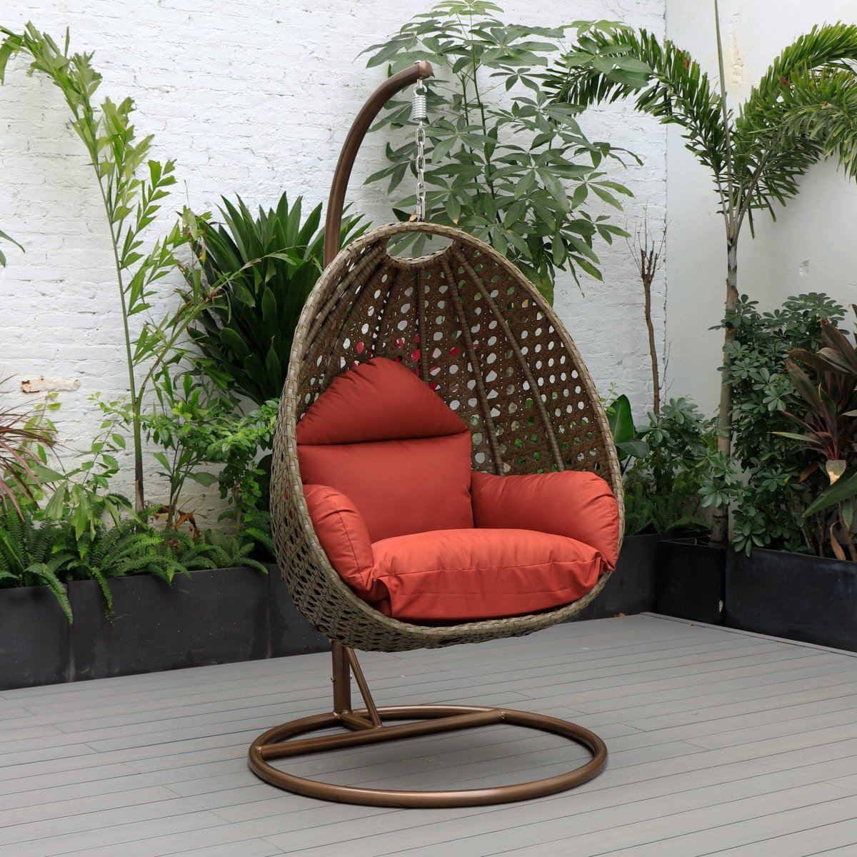 Modern Wicker Hanging Single Seating Egg Swing Chair in Beige/Charcoal/White Frame With Cushions