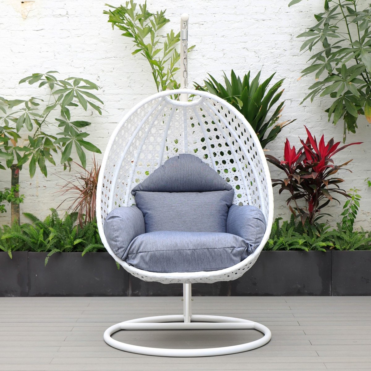 Modern Wicker Hanging Single Seating Egg Swing Chair in Beige/Charcoal/White Frame With Cushions